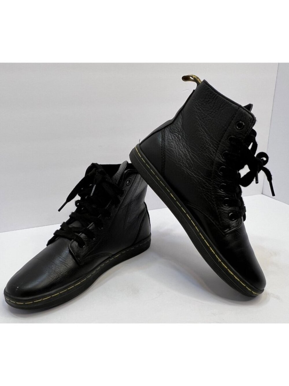 Dr. Martens Leyton Leather Lace-Up Boots Size 7 US Black With Yellow Stitch Deta